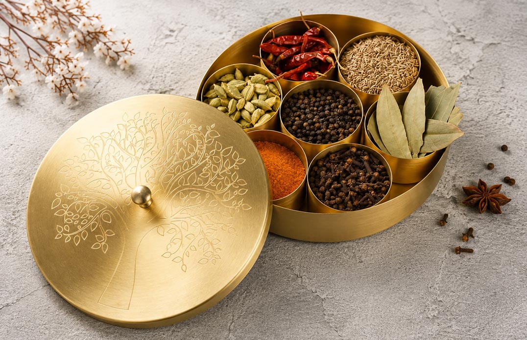 Round Brass Masala Box